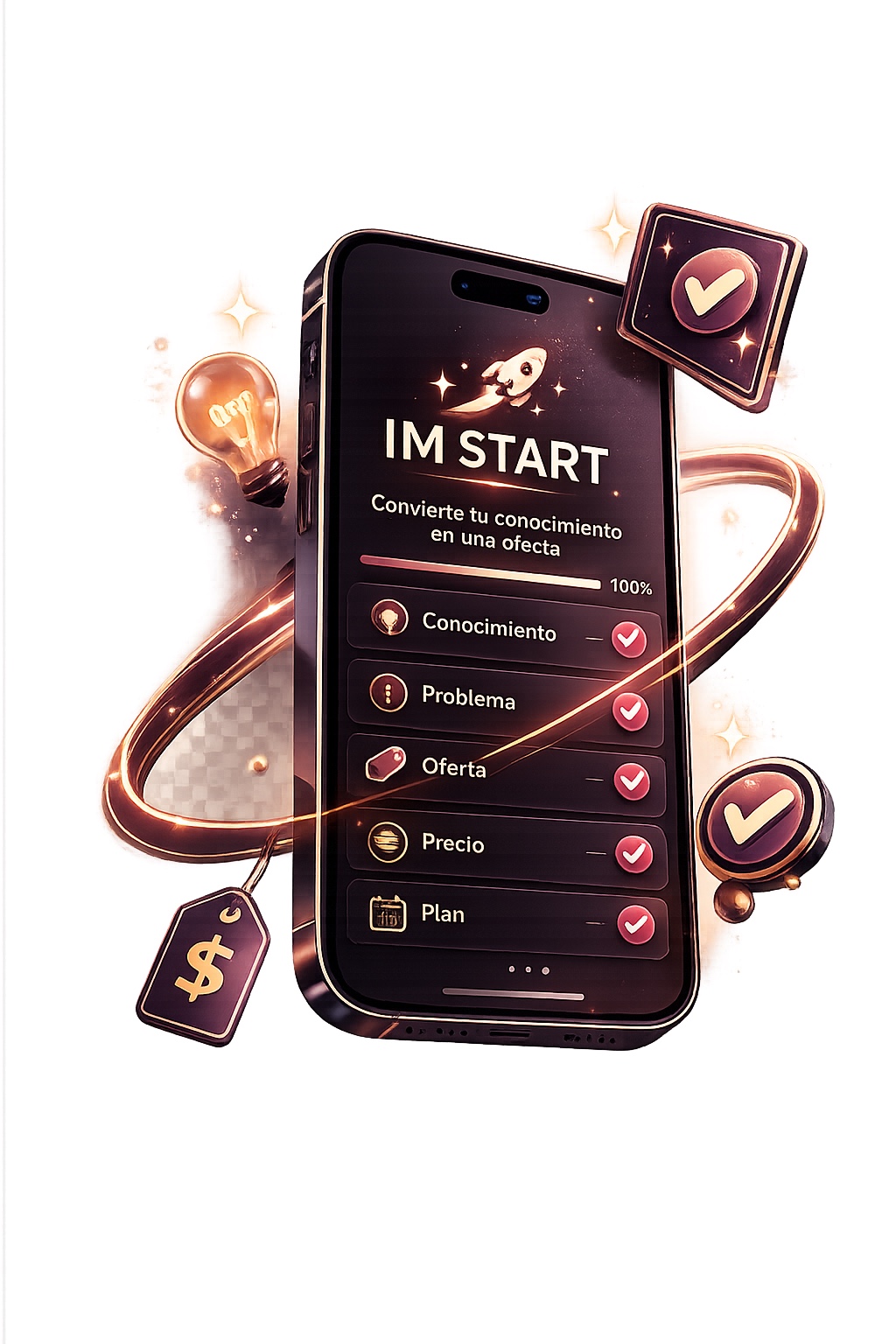 Mockup de IM START con las fases conocimiento, problema, oferta, precio y plan